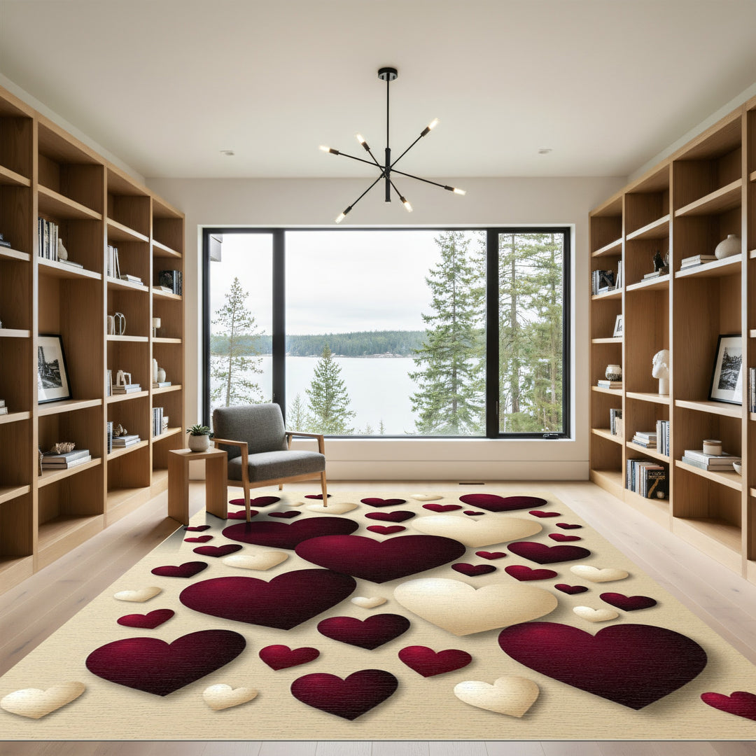 Rich Burgundy Cream Heart Arrangement Rug