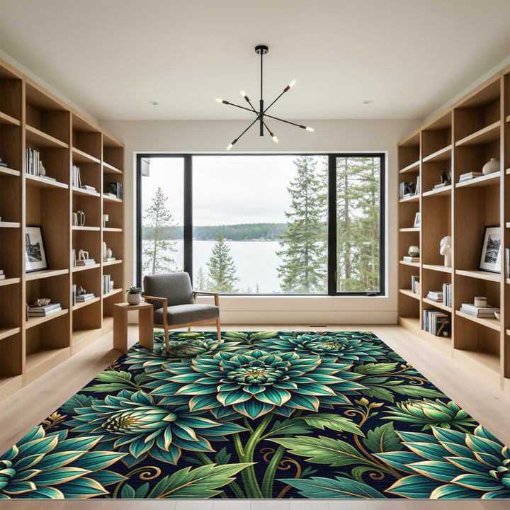 Teal Gold Dahlia Floral Rug