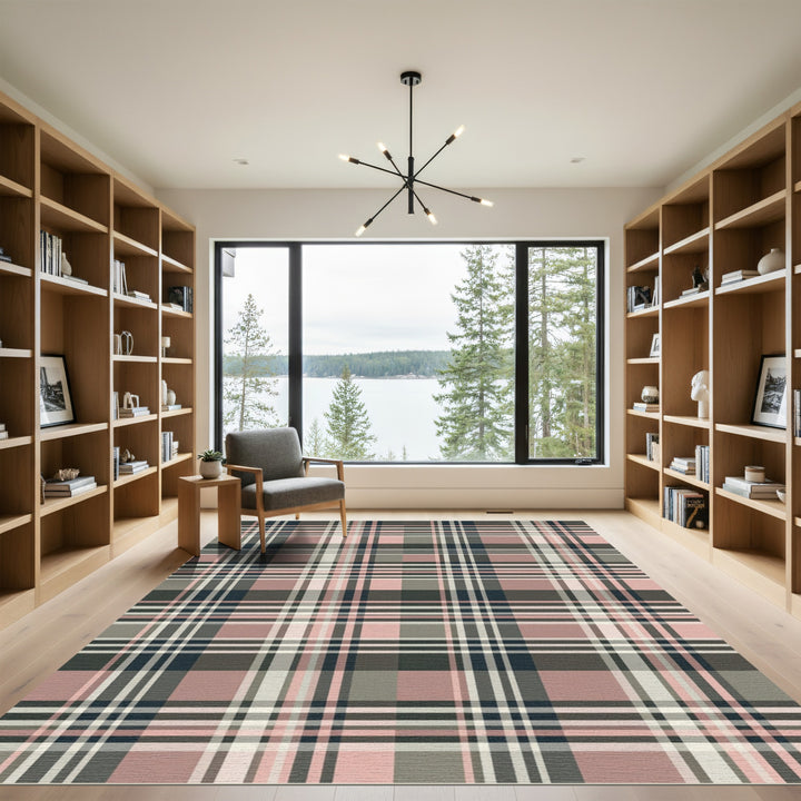 Dusty Rose Tan Plaid Grid Rug