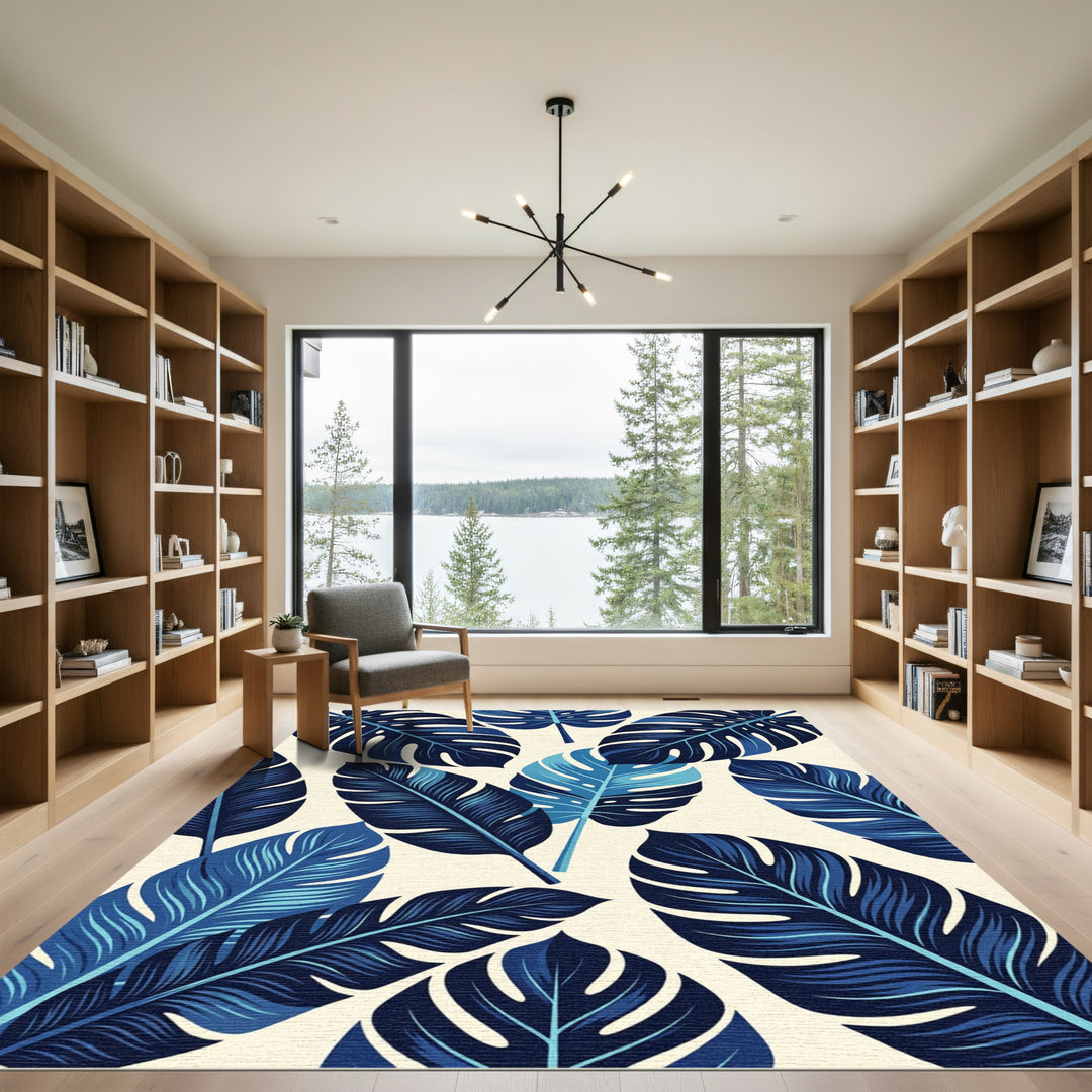 Deep Blue Tropical Monstera Leaf Rug