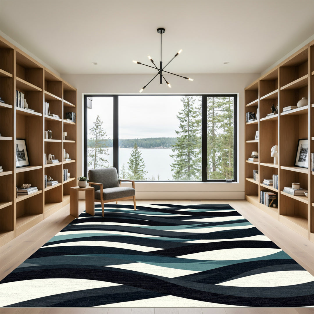 Deep Teal Blue Abstract Wave Rug