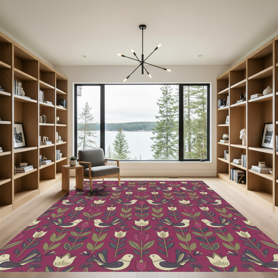 Crimson Floral Bird Melody Rug
