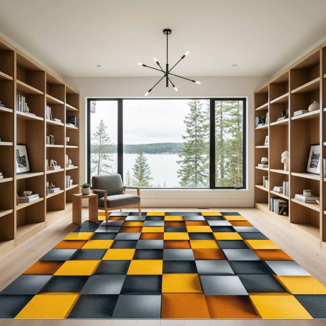 Geometric Cubes Yellow Gray Orange Rug