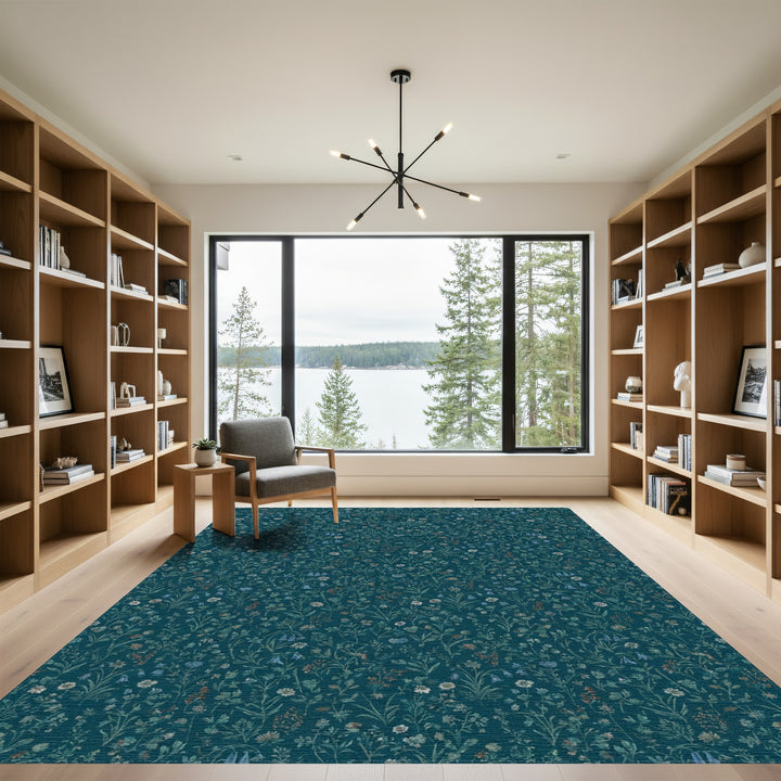Deep Teal Floral Meadow Rug
