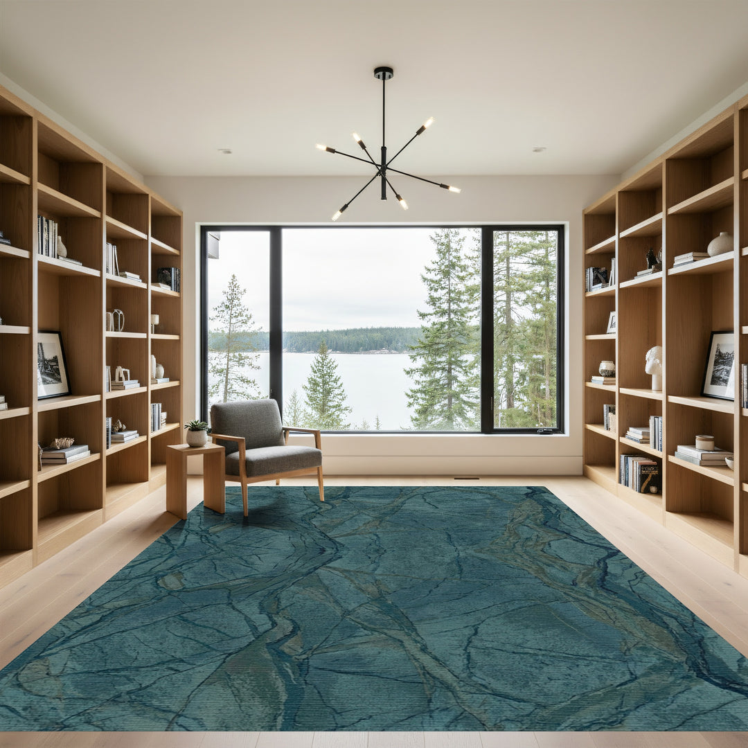 Deep Teal Veined Abstract Marble Rug