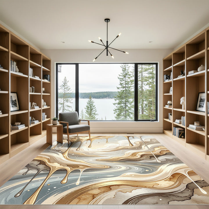Golden Drip Abstract Watercolor River Rug