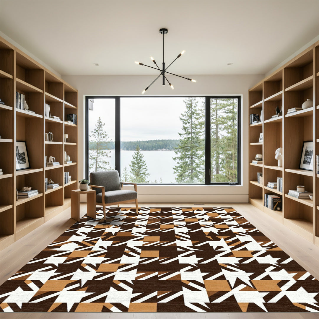 Brown White Ochre Houndstooth Pixelated Rug