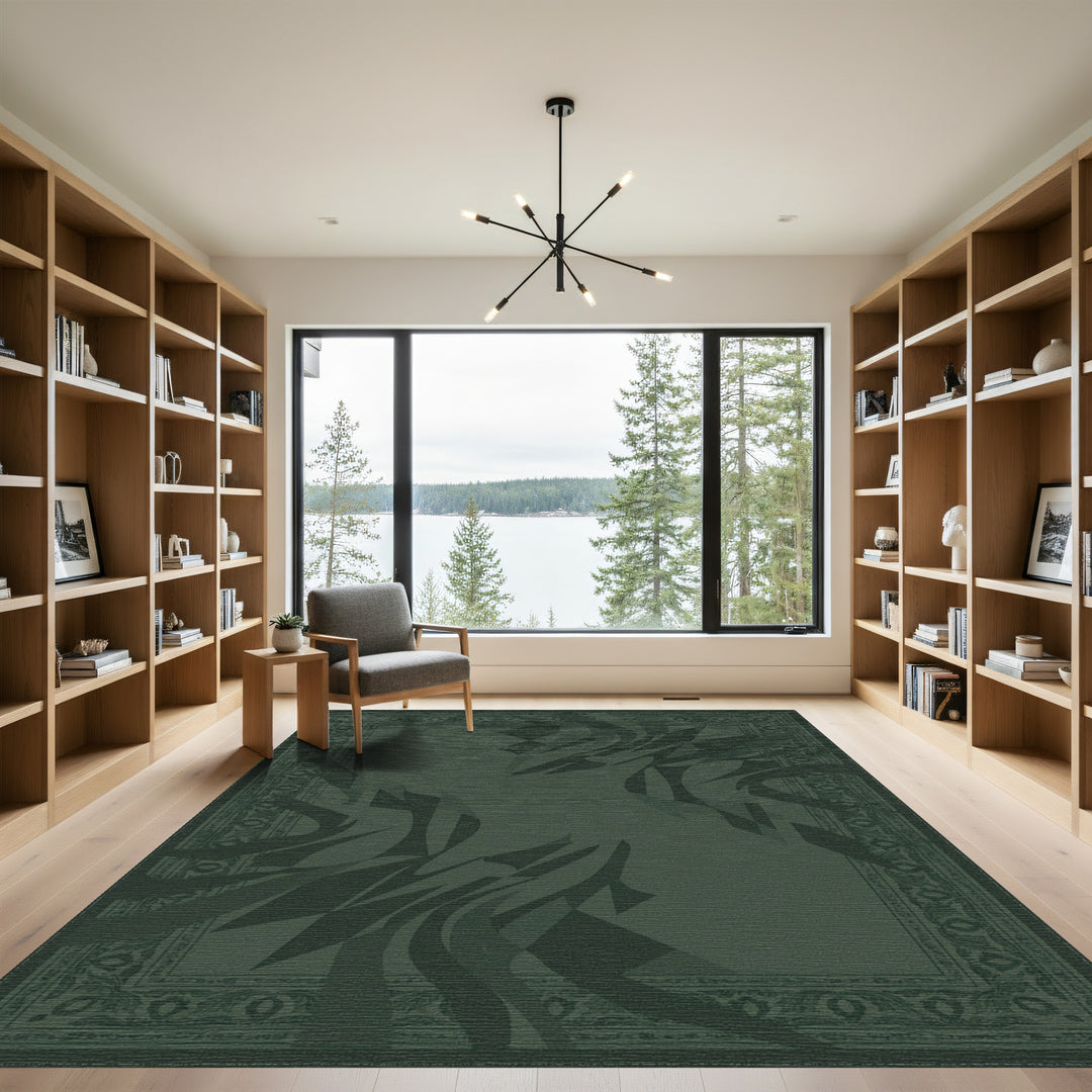 Deep Green Abstract Swirl Border Rug