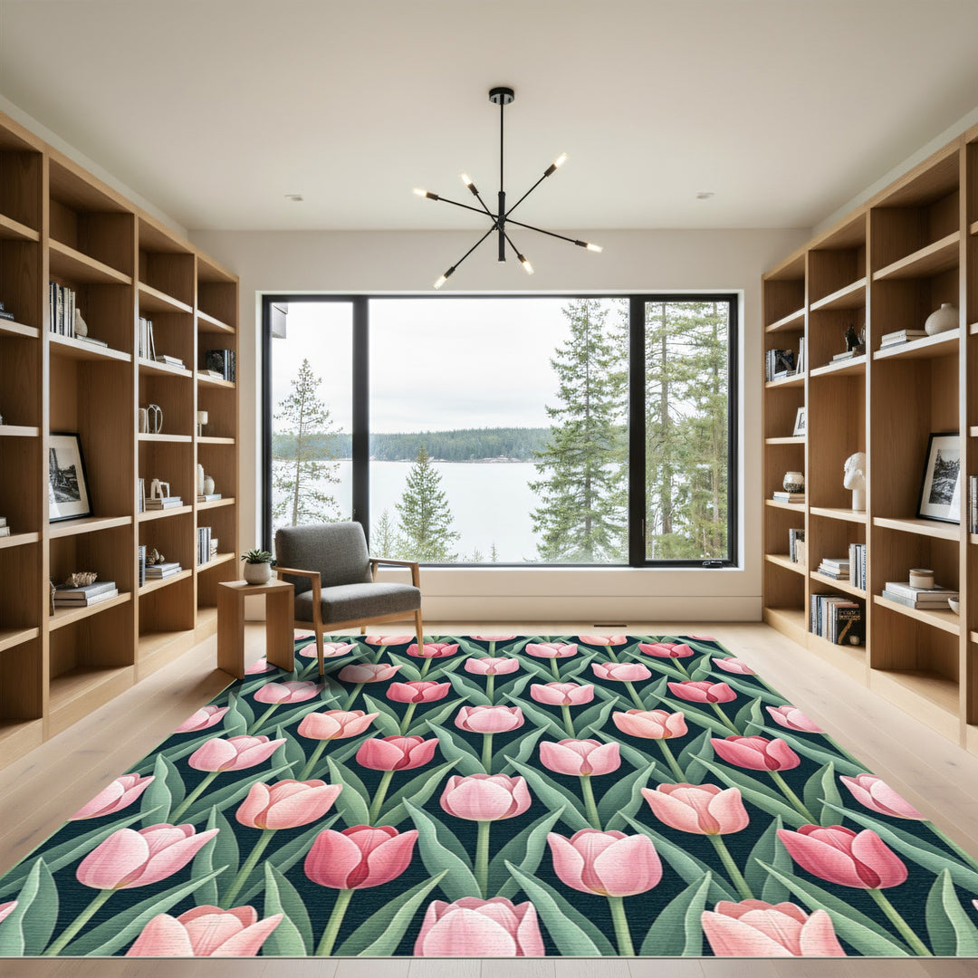 Pastel Pink Tulip Botanical Arrangement Rug