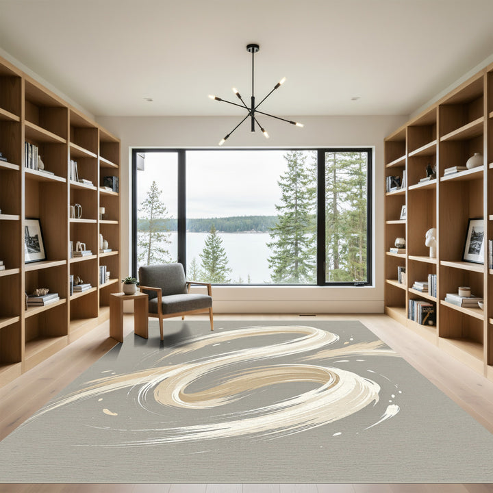 Cream Golden Swirl Brushstroke Rug