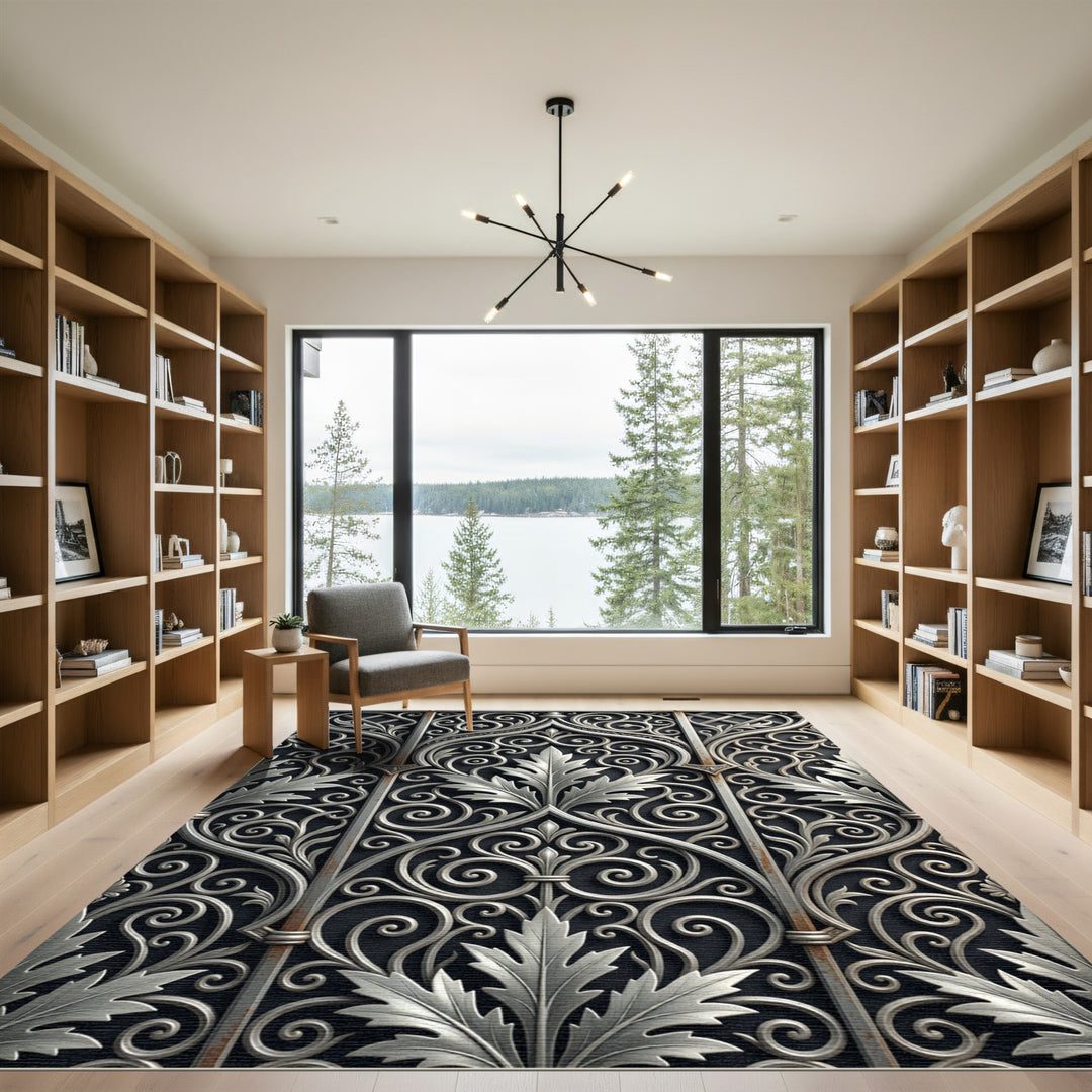 Ornate Silver Leaf Scrollwork Rug
