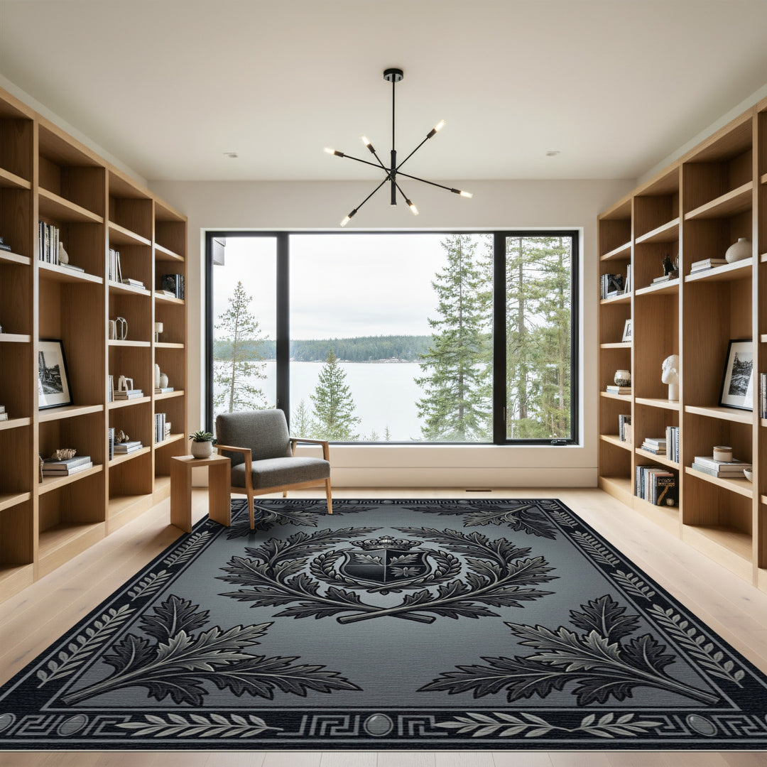 Ornate Gray Crest Laurel Wreath Rug