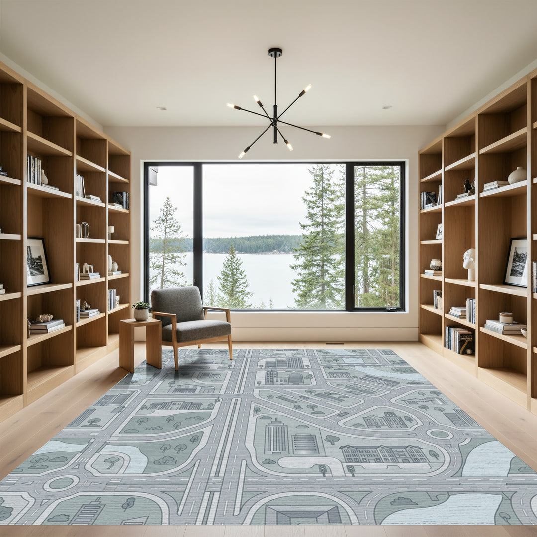 Monochromatic Cityscape Blue Buildings Map Rug