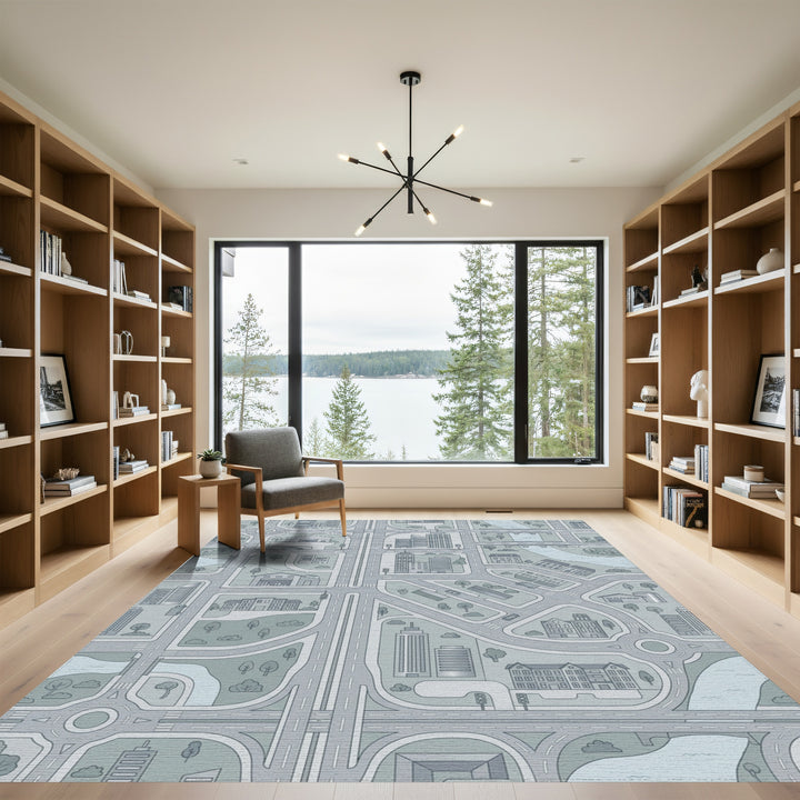 Monochromatic Cityscape Blue Buildings Map Rug