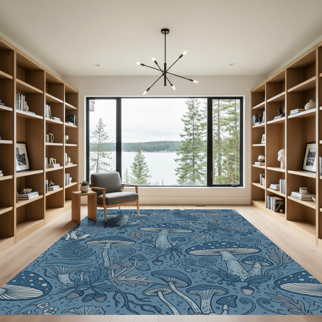 Dark Blue Forest Mushroom Meadow Rug