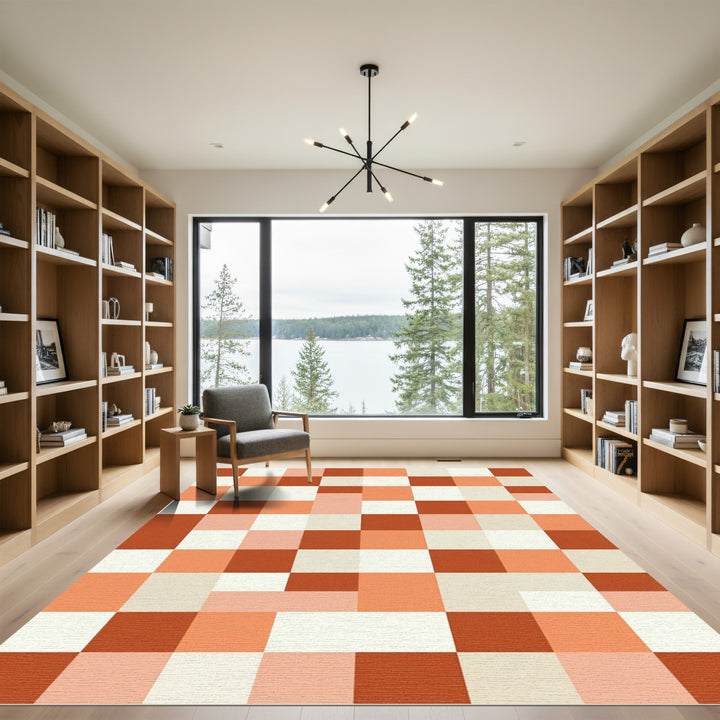 Terracotta Peach And Cream Grid Rug