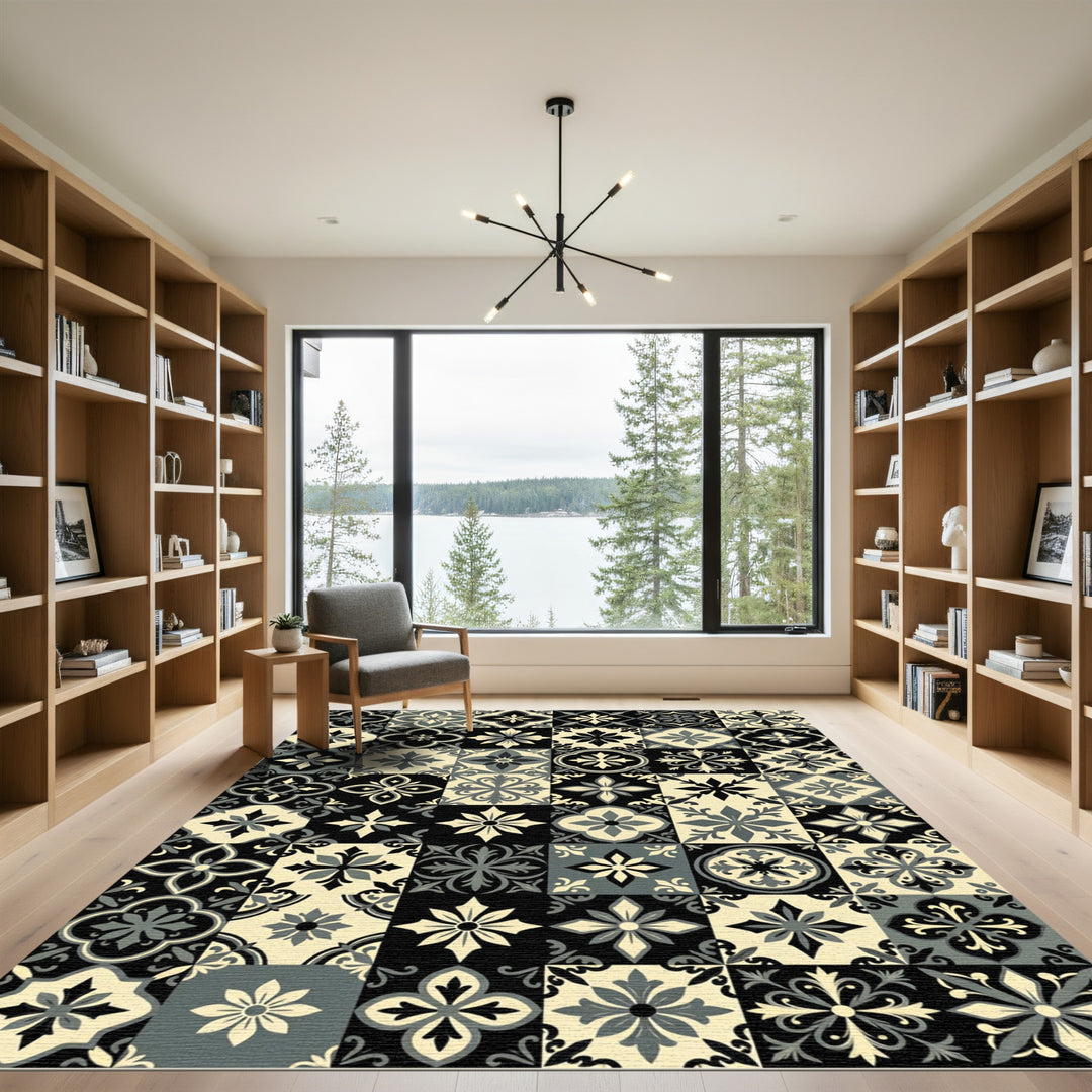 Monochromatic Floral Tile Mosaic Rug