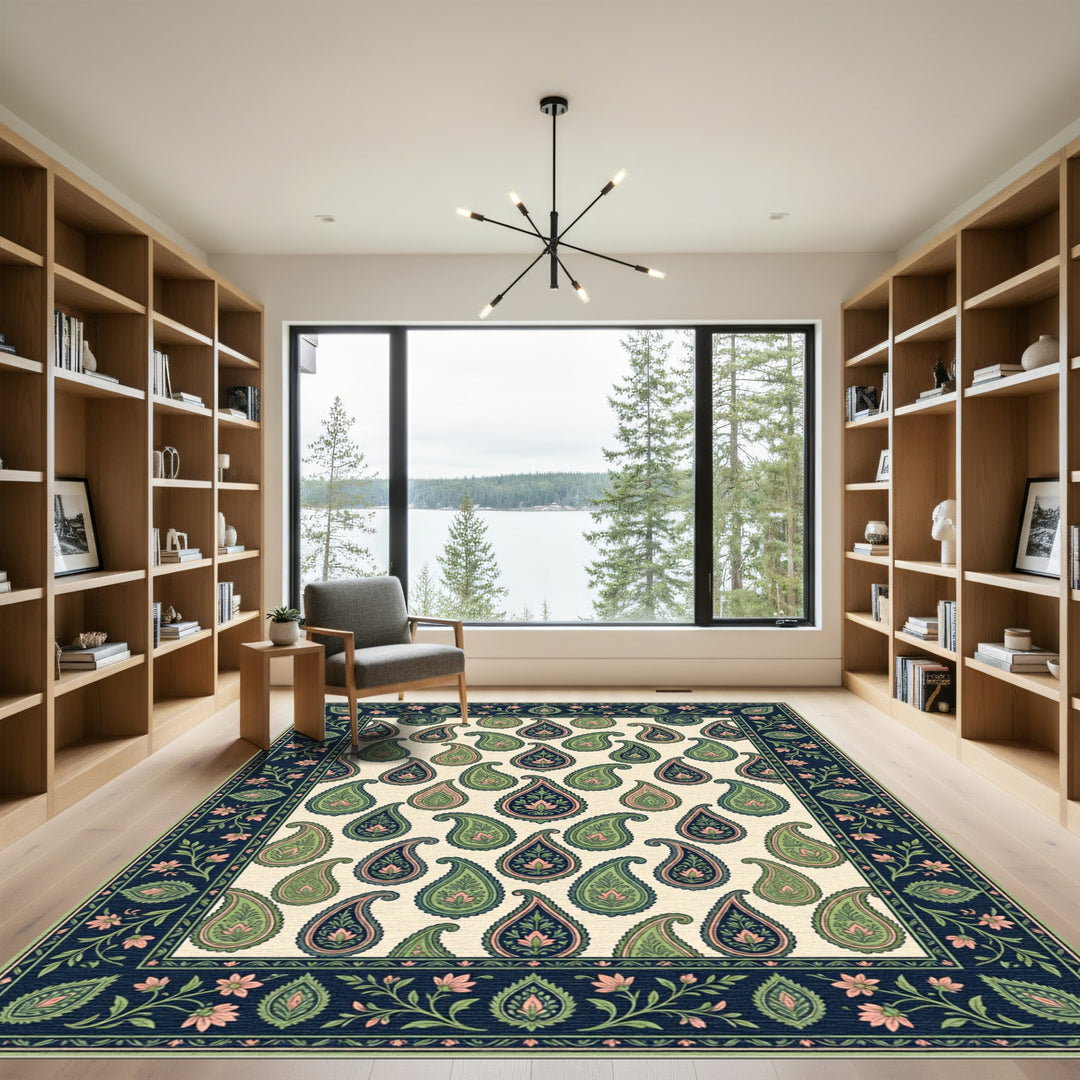 Navy Green Pink Paisley Garden Border Rug