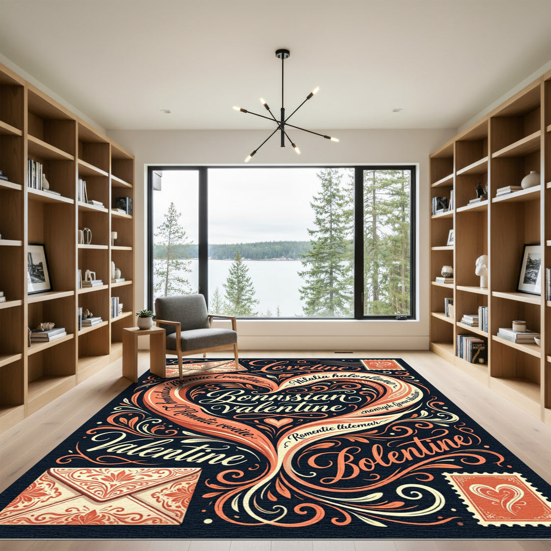 Romantic Coral Heart Swirl Calligraphy Rug