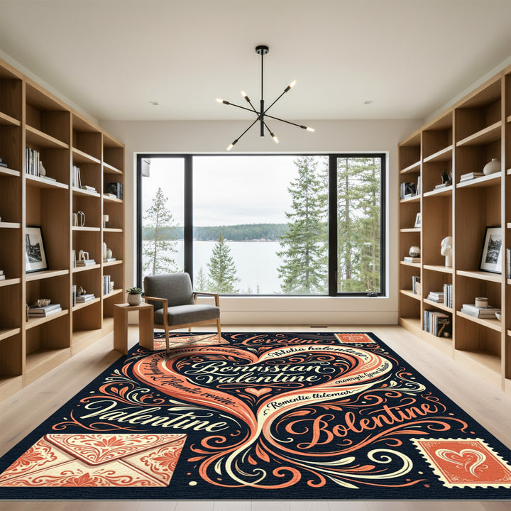 Romantic Coral Heart Swirl Calligraphy Rug