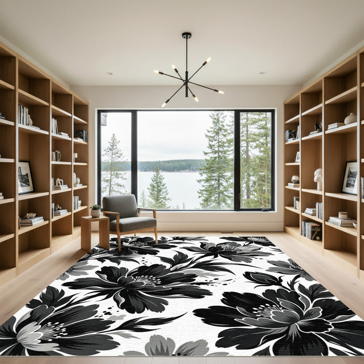 Bold Black Gray Floral Artistry Rug