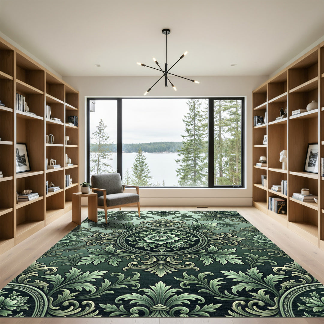 Ethereal Green Floral Medallion Wallpaper Rug
