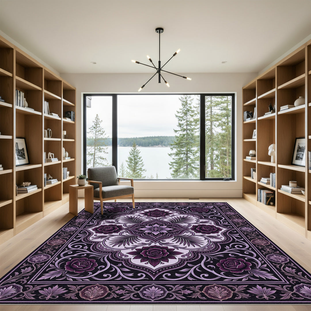 Deep Purple Floral Medallion Scroll Rug