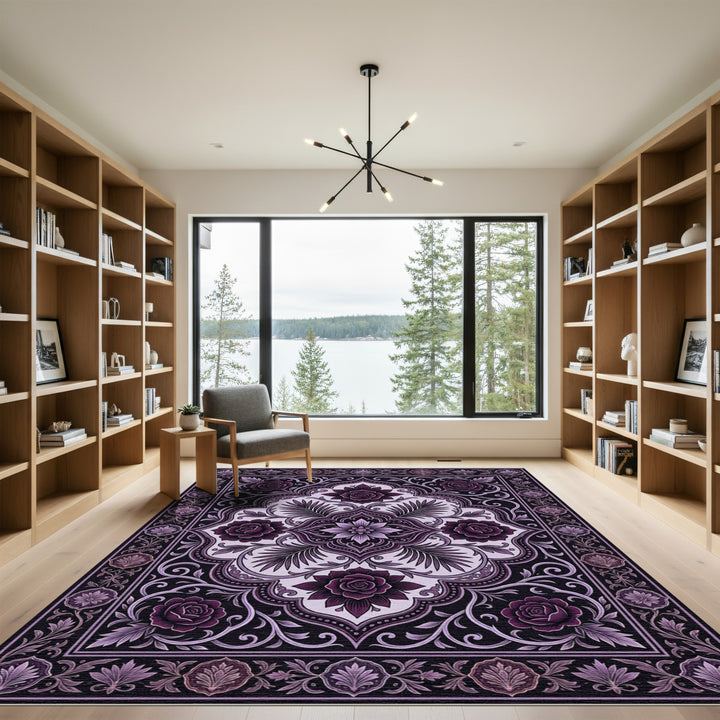 Deep Purple Floral Medallion Scroll Rug
