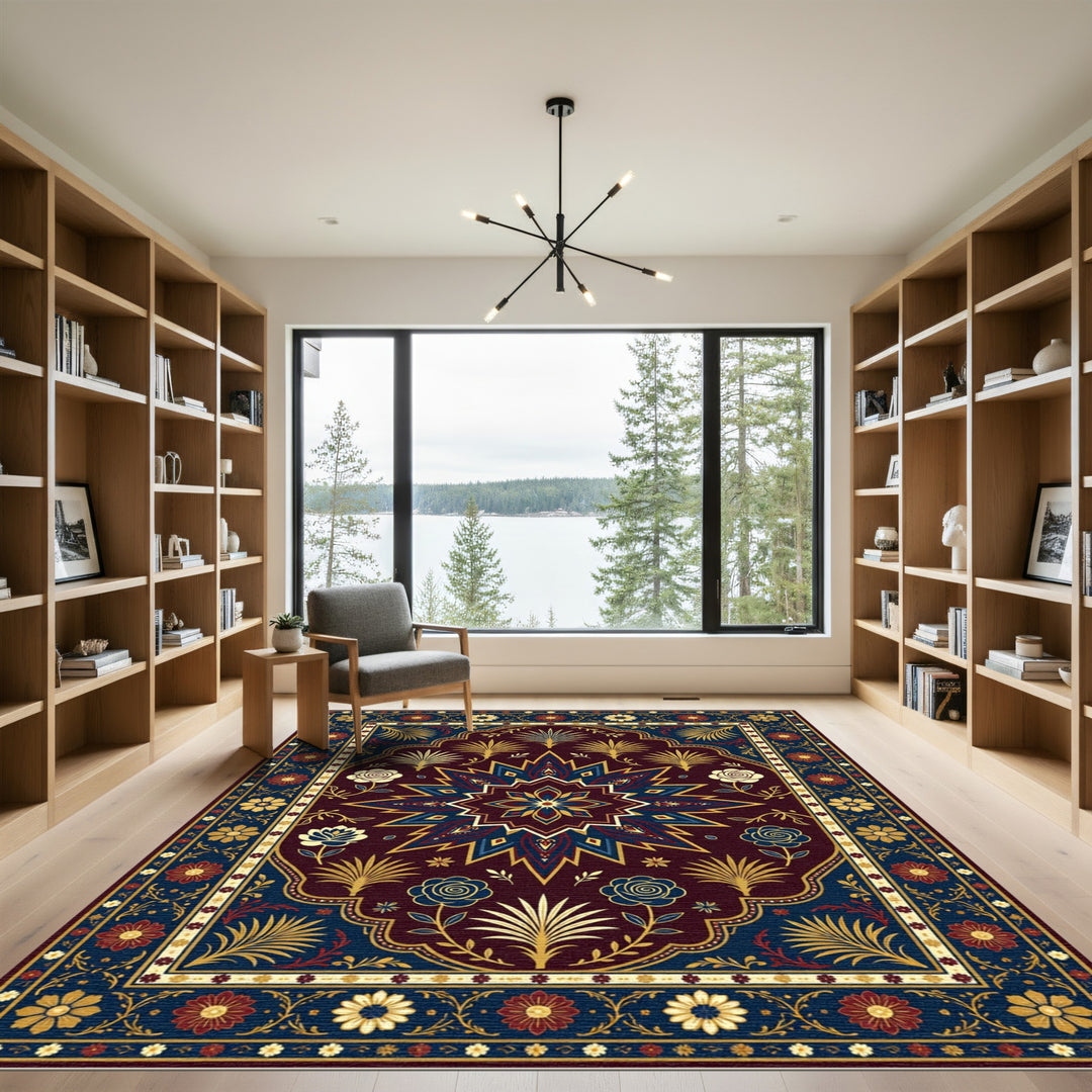 Rich Burgundy Gold Floral Star Rug
