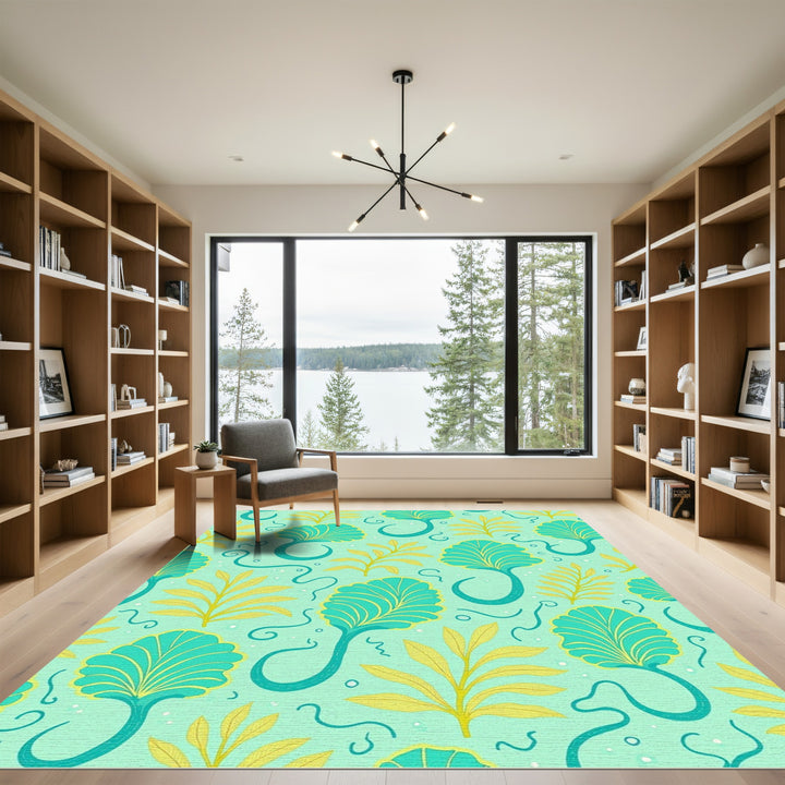 Teal Golden Leafy Swirls Rug