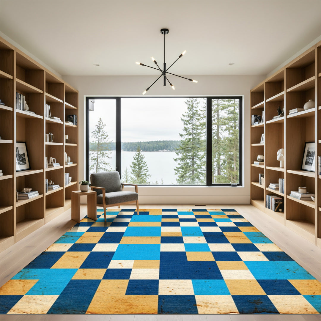 Retro Blue Tan Checkerboard Rug