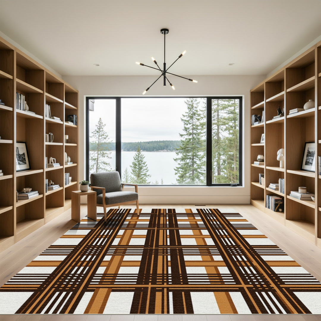 Brown Tan Plaid Crosshatch Rug