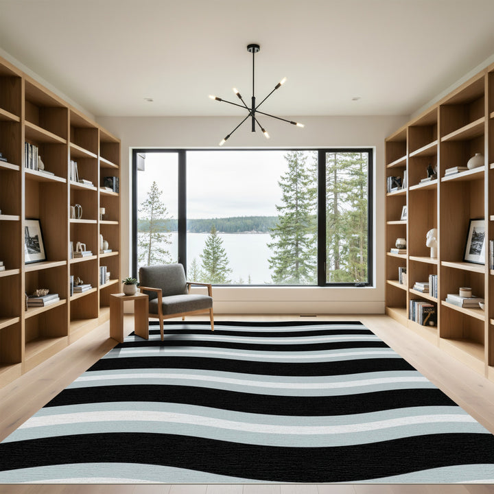 Black Gray White Wavy Stripe Rug