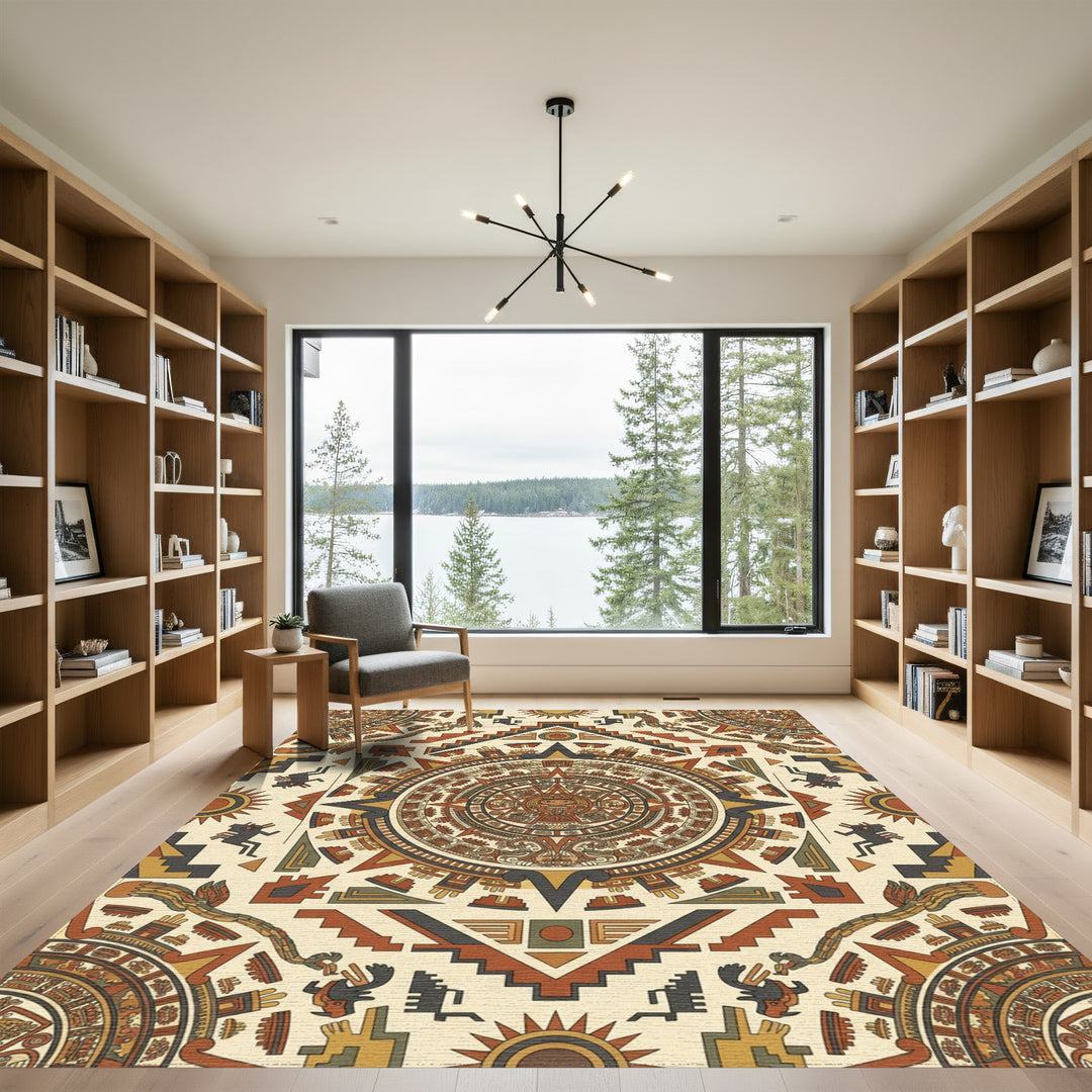 Aztec Sun Stone Geometric Medallion Accents Rug