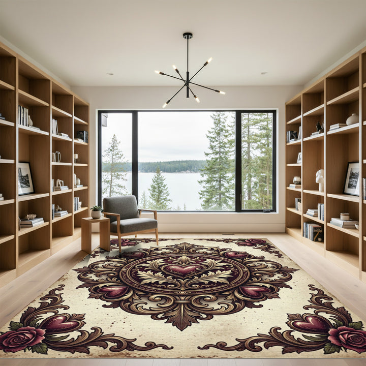 Ornate Red Hearts Gold Border Rug