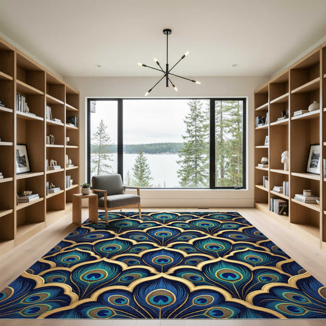 Gold Peacock Feather Arabesque Rug