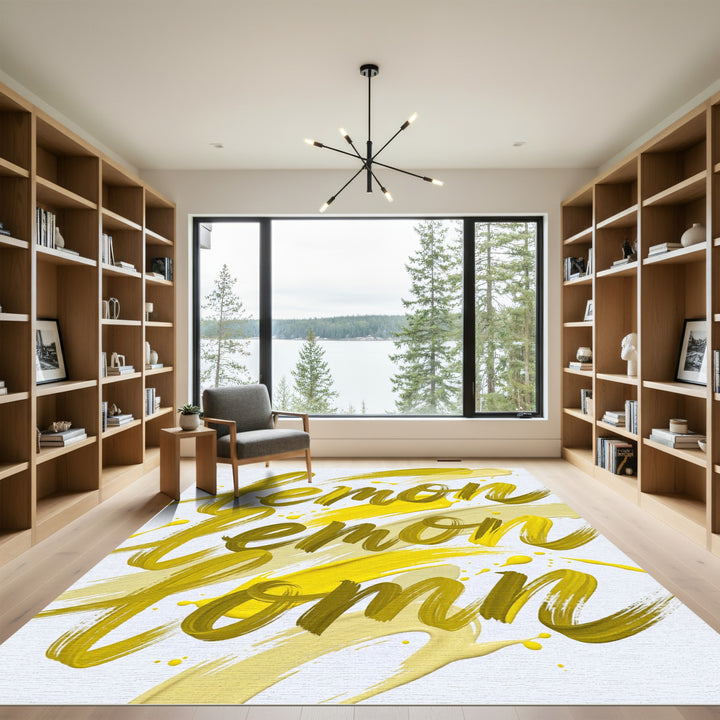 Golden Lemon Calligraphy Brush Strokes Rug