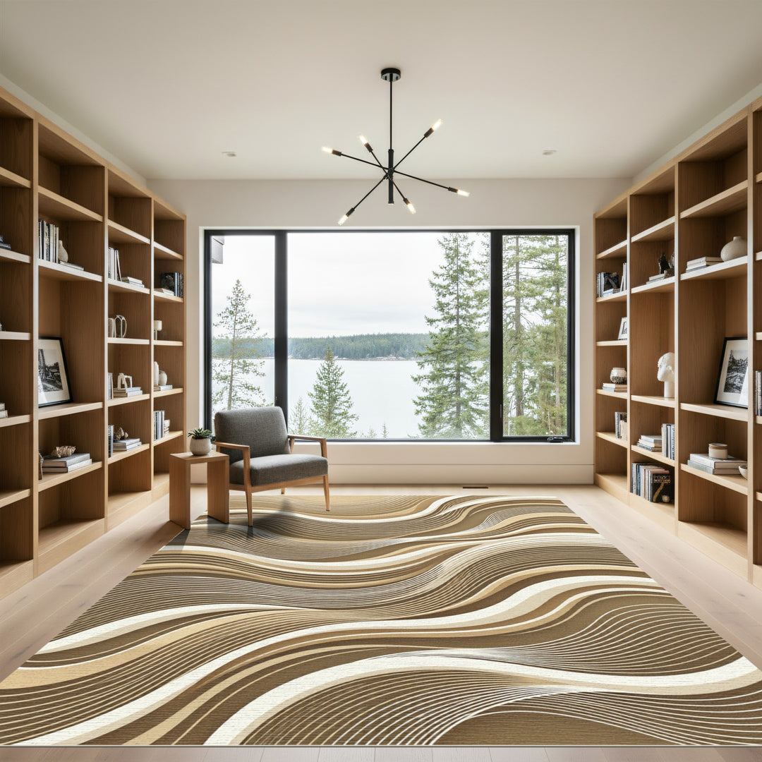 Wavy Tan and Cream Abstract Flow Rug