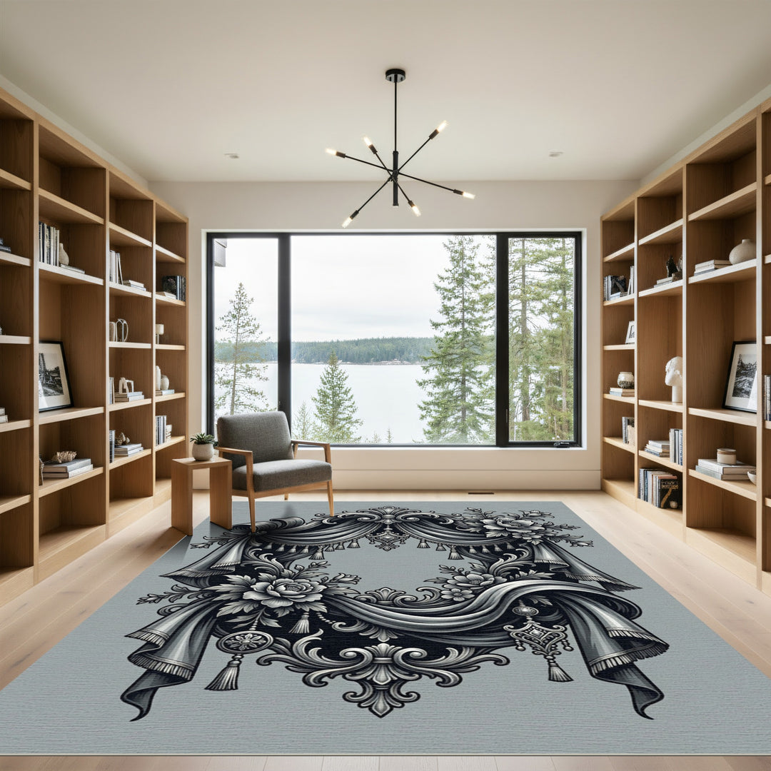 Ornate Gray Floral Drape Scroll Rug