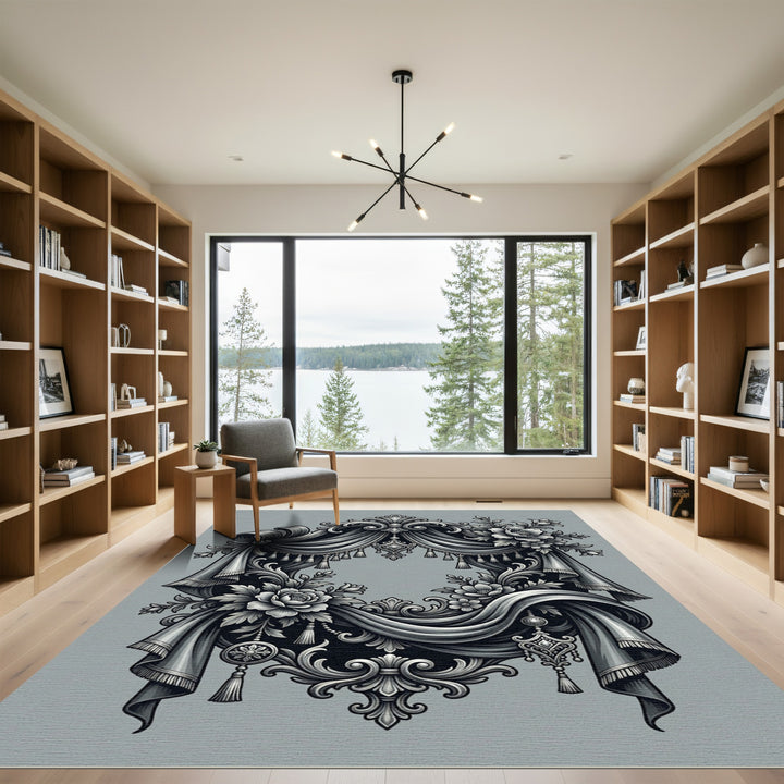 Ornate Gray Floral Drape Scroll Rug