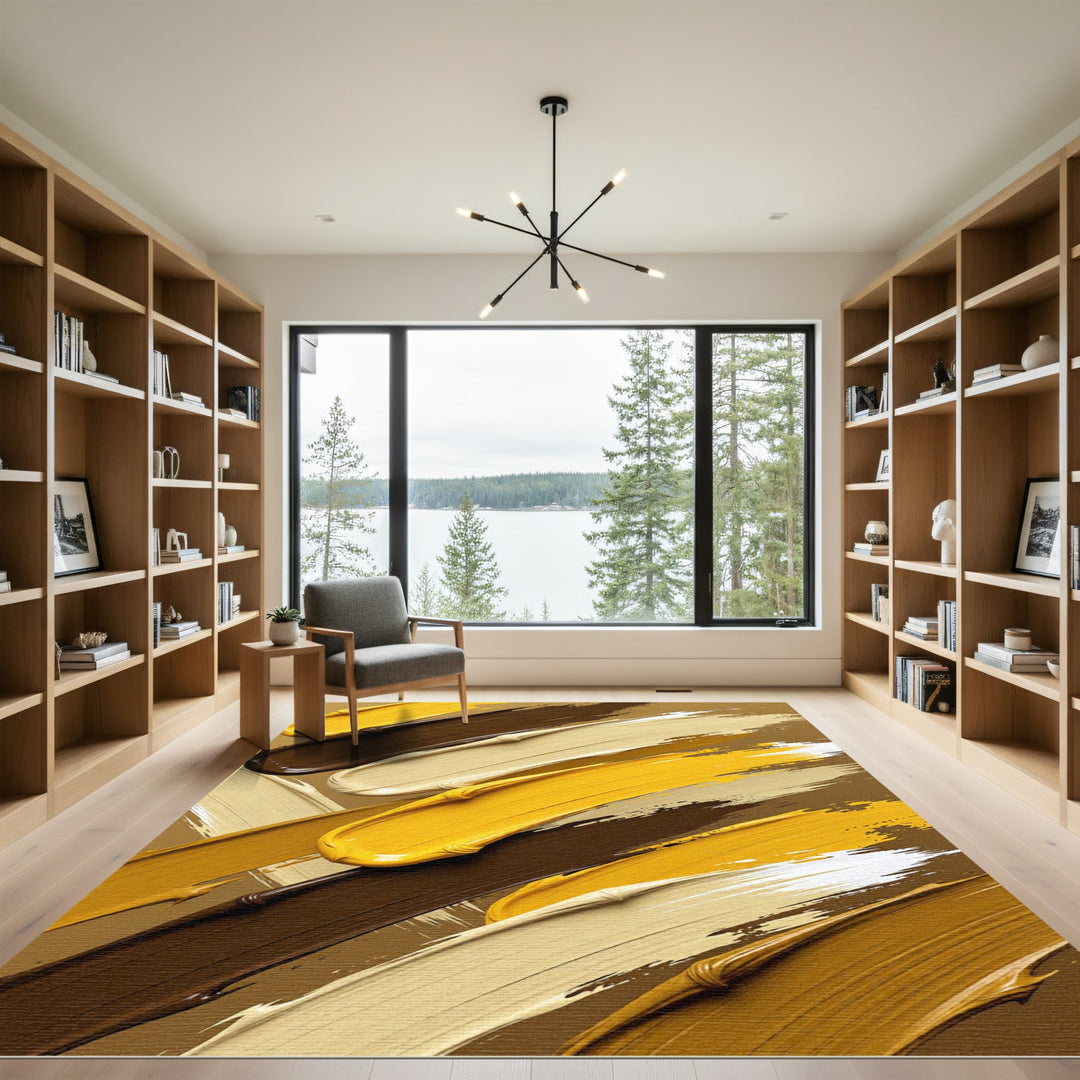 Abstract Yellow Brown Cream Brushstrokes Rug