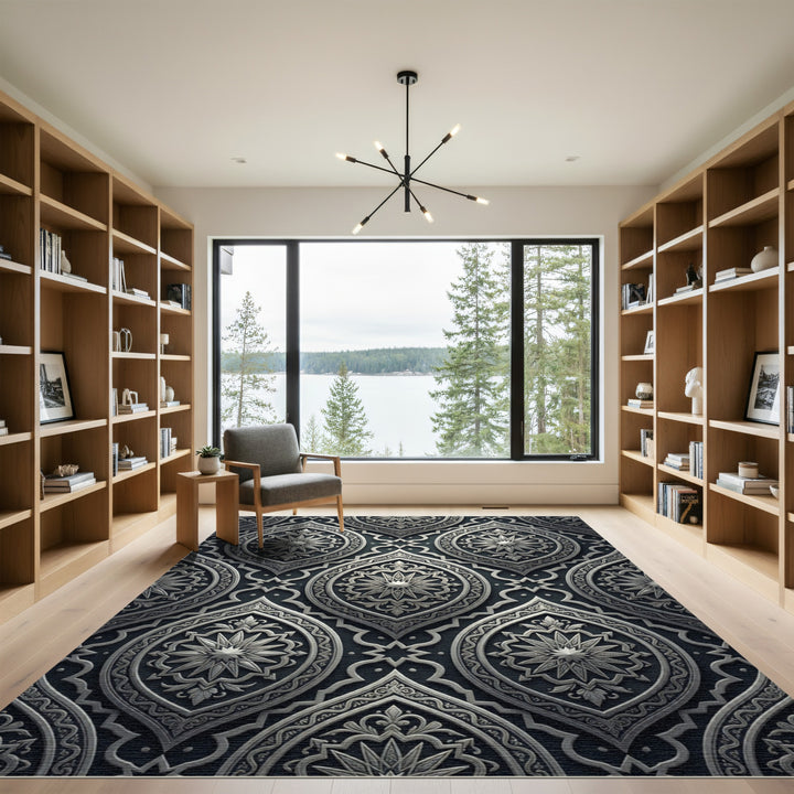 Elegant Silver Arabesque Medallion Rug