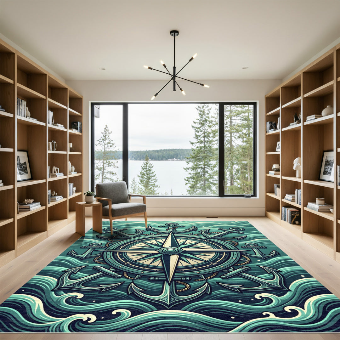 Nautical Compass Anchors Ocean Waves Rug