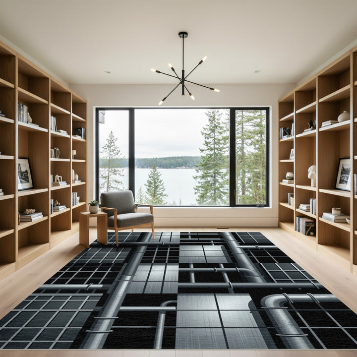 Industrial Metallic Grid Pipe Arrangement Rug