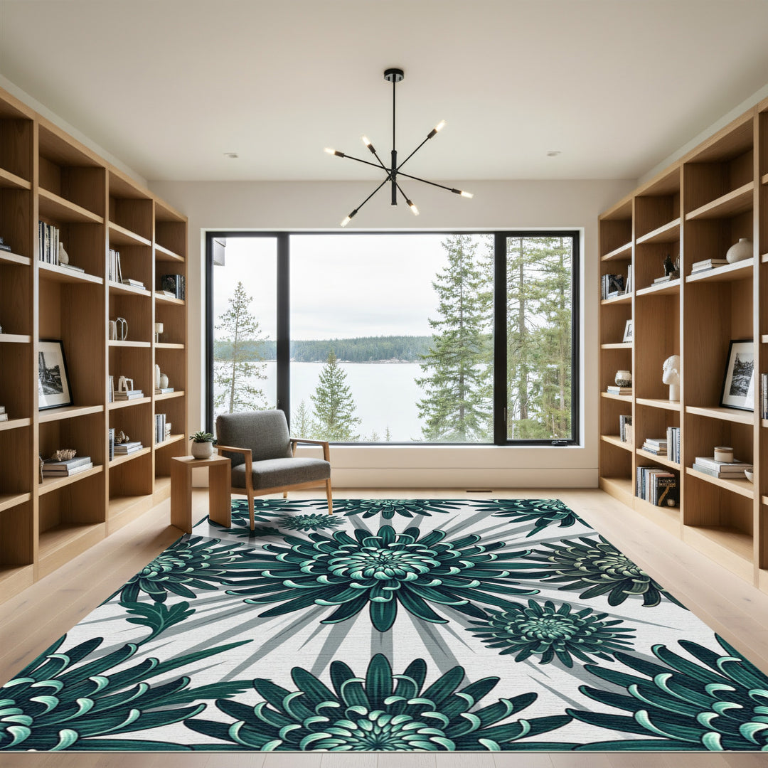 Teal Chrysanthemum Floral Sunburst Rug