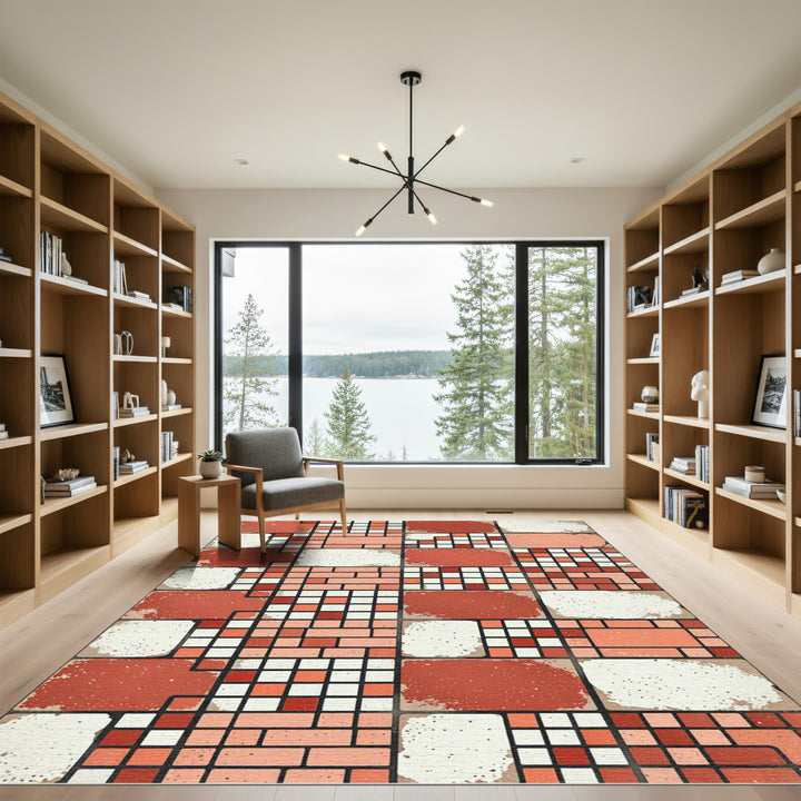 Coral Red Terracotta Brick Squares Rug