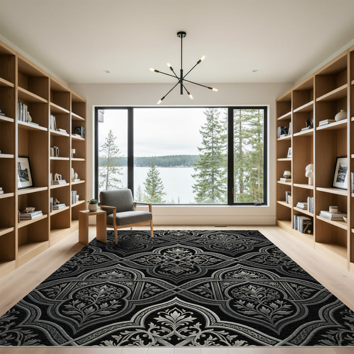 Ornate Black Silver Arabesque Rug