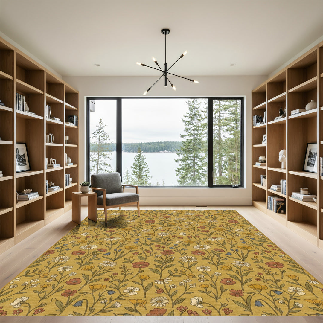 Golden Yellow Meadow Floral Arrangement Rug