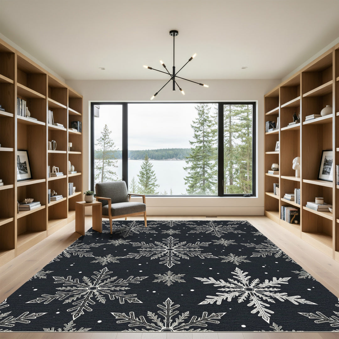 Black White Snowflake Christmas Pattern Rug