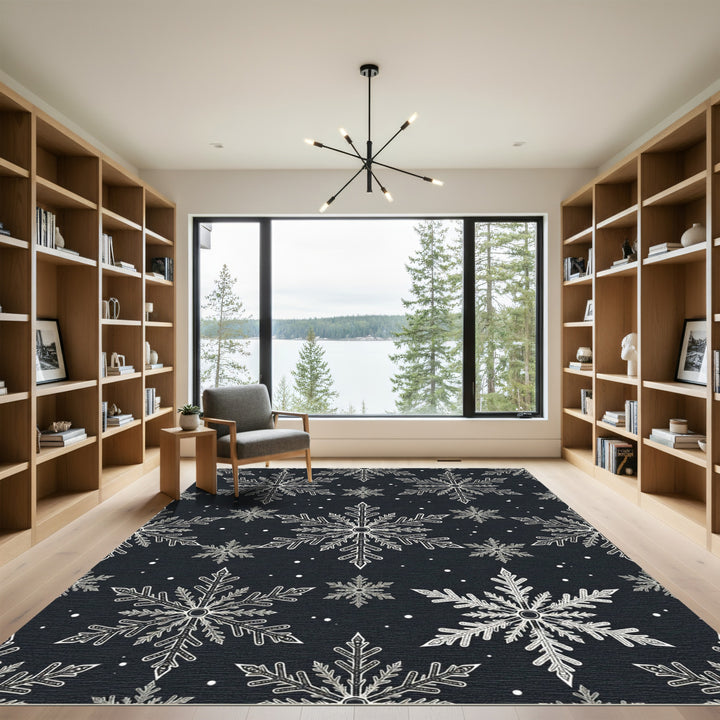 Black White Snowflake Christmas Pattern Rug